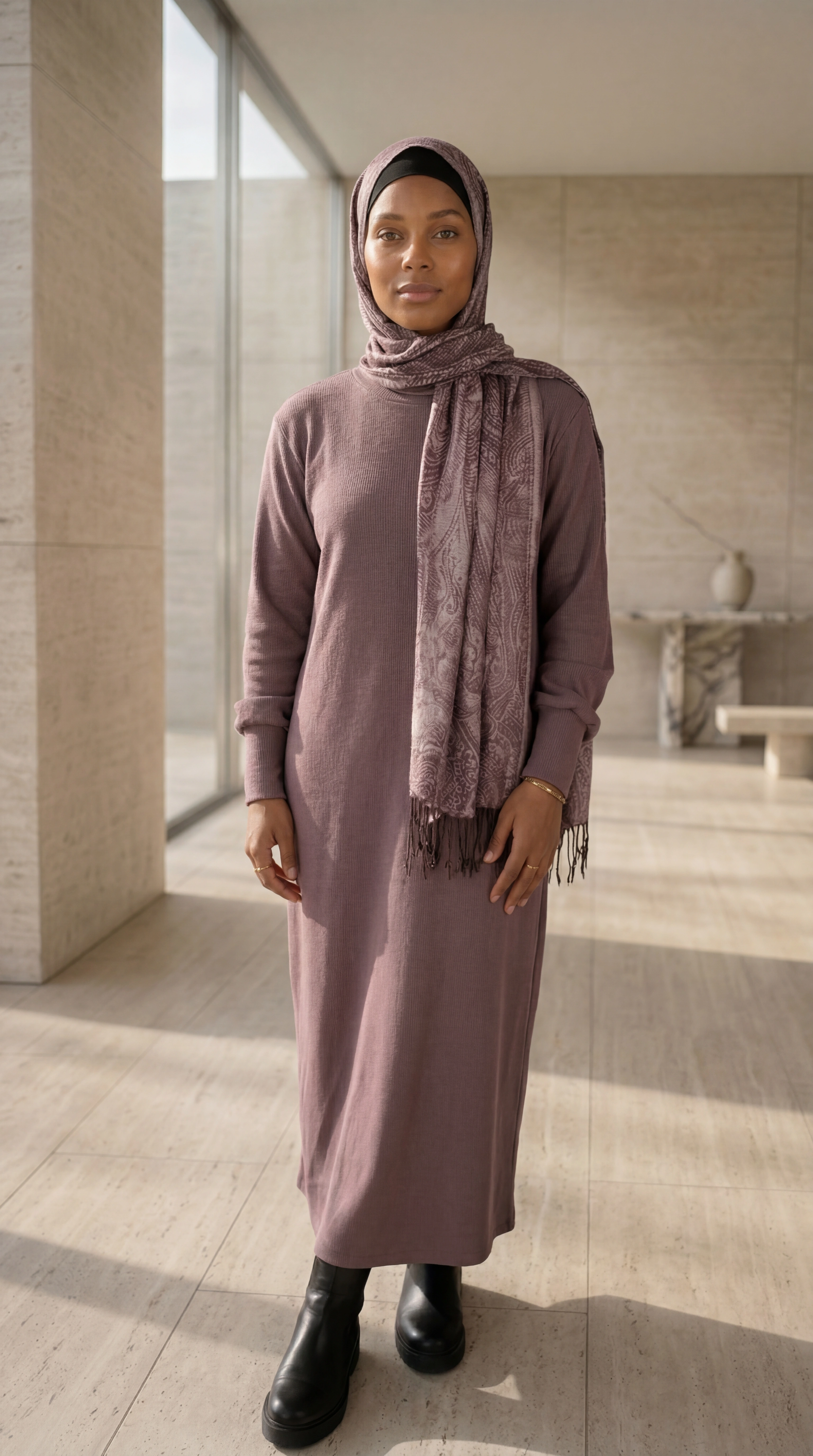 Weites bodenlanges Strickkleid mit Rollkragen in gedämpftem Mauve – Frontalansicht